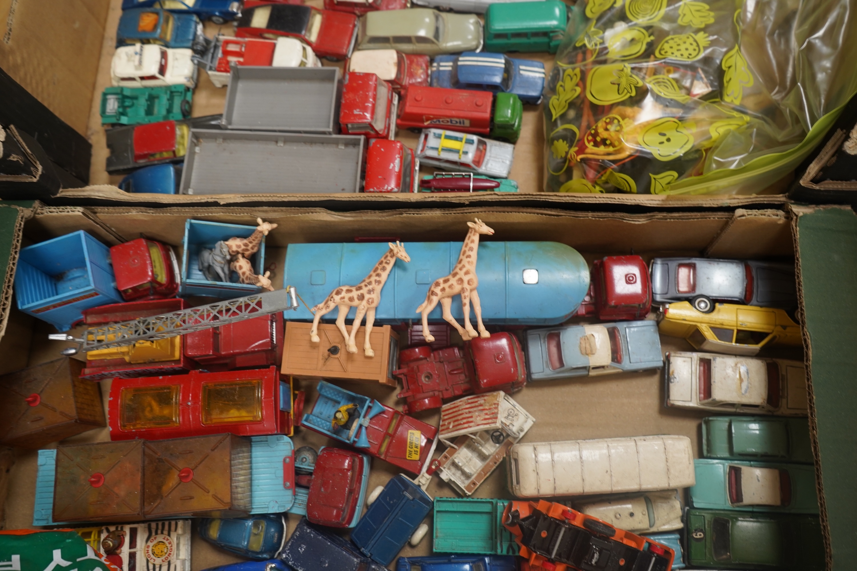 A collection of diecast vehicles by Dinky Toys, Corgi Toys, Husky, Matchbox Series, etc. including a good selection of French Dinky Toys military vehicles, original Chipperfields Circus vehicles, cars, commercial vehicle